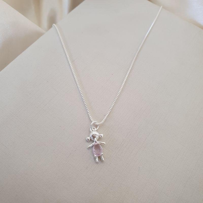 Colar prata pingente menina zirconia rosa claro
