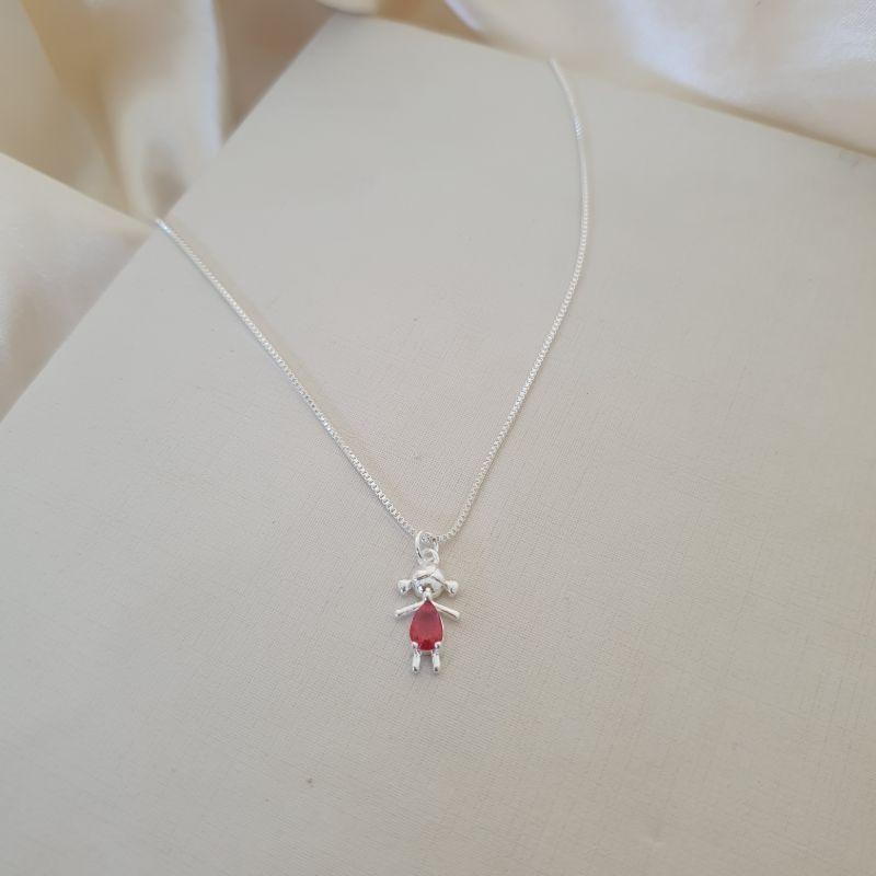 Colar prata pingente menina zirconia rosa escuro