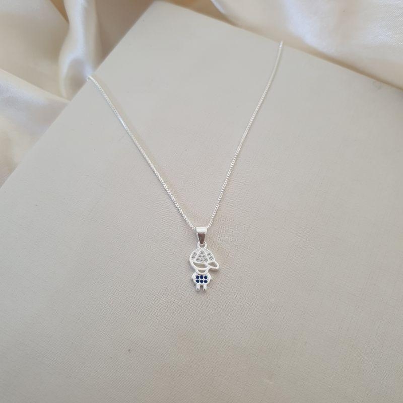 Colar prata pingente menino zirconia azul