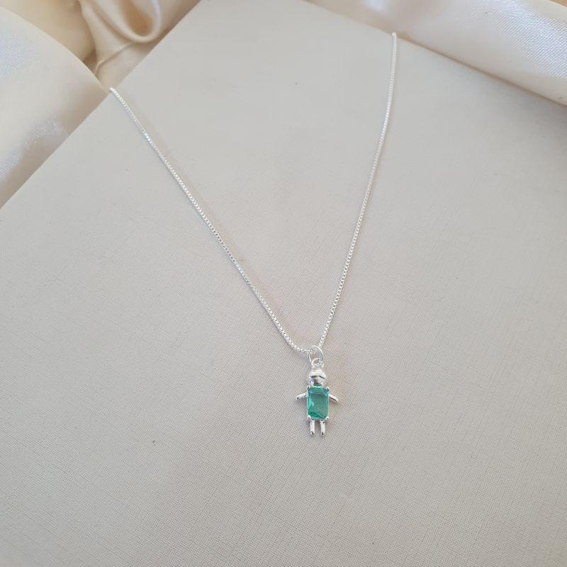 Colar prata pingente menino zirconia verde claro