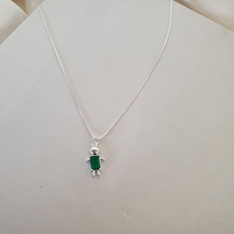 Colar prata pingente menino zirconia verde escuro