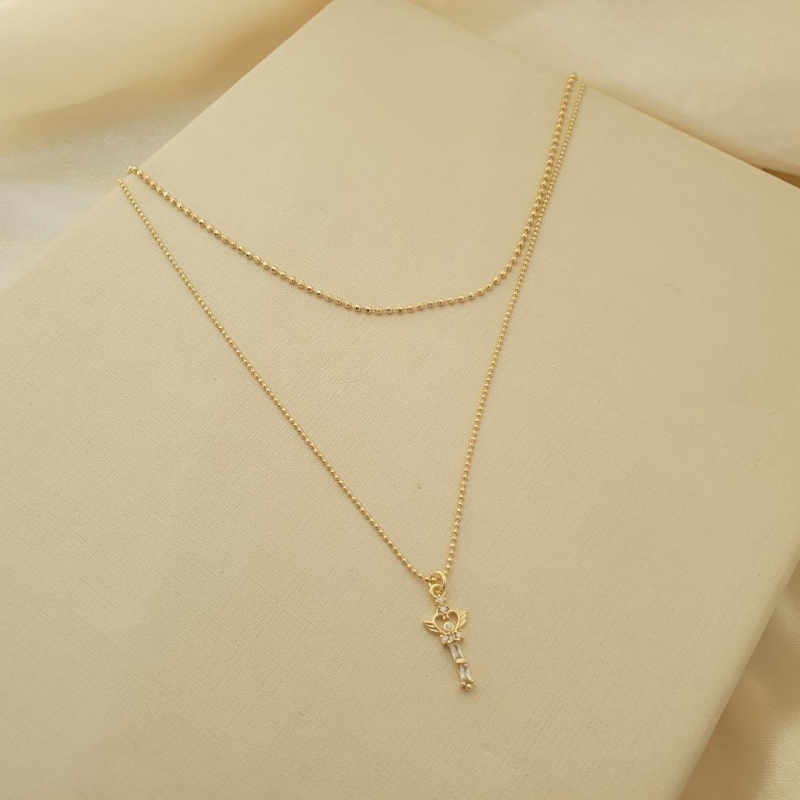 Colar duplo pingente chave zirconias