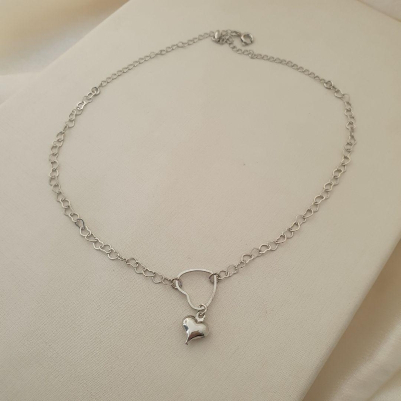 Colar ródio choker coração com pingente coração