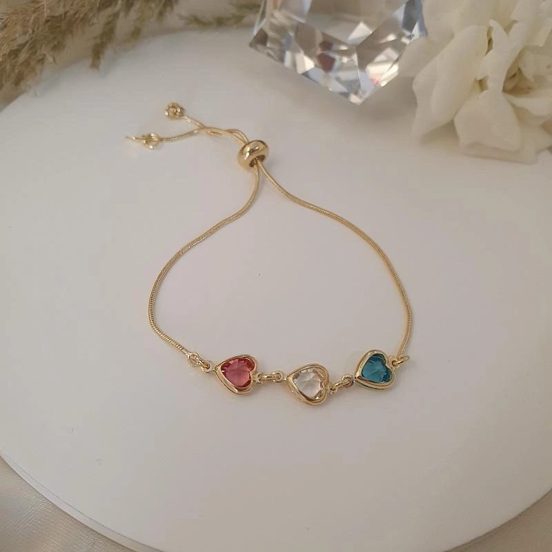 Pulseira Gravatinha com Corações de Cristal Coloridos