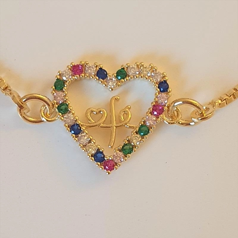 Pulseira coração cravejado em zircônias coloridas Fé