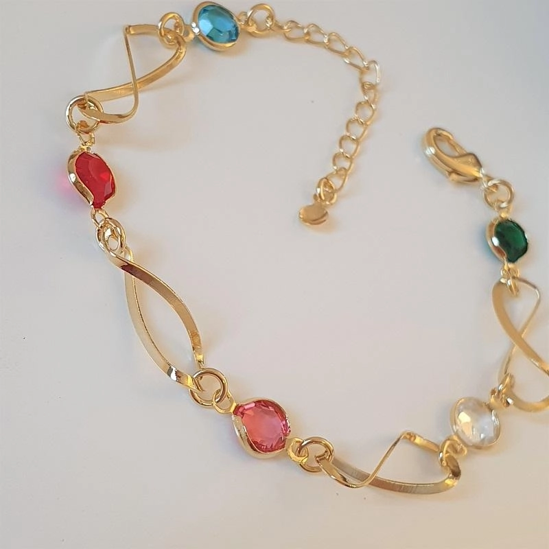 Pulseira elo infinito e cristais coloridos