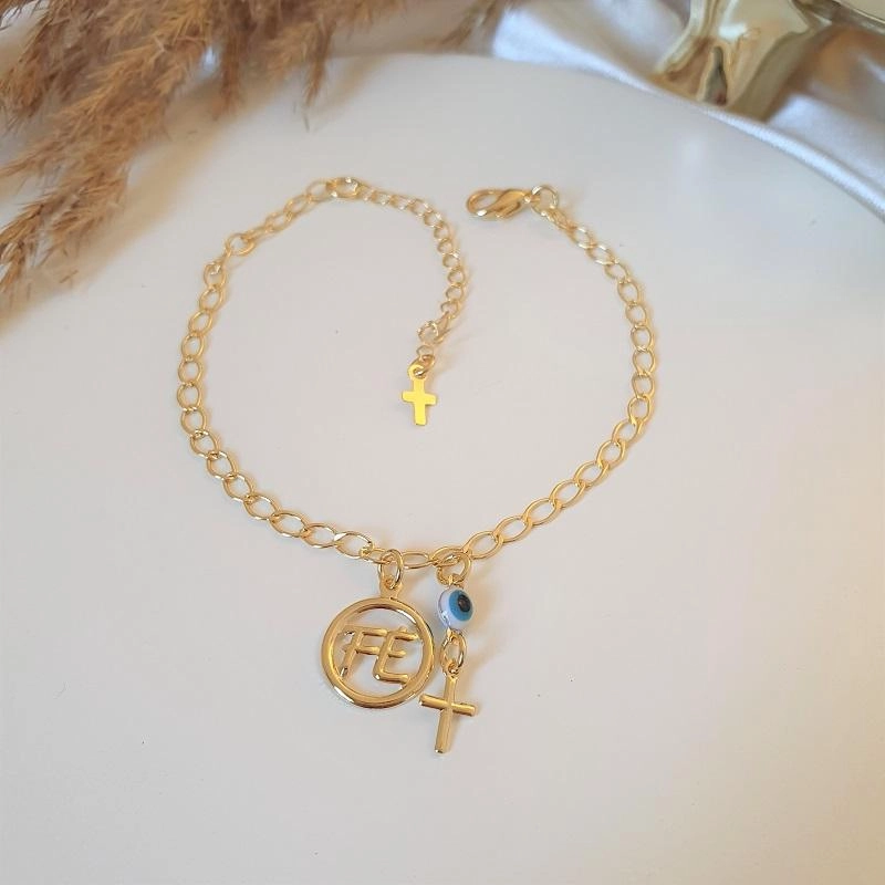 Pulseira amuletos: olho grego, cruz e fé