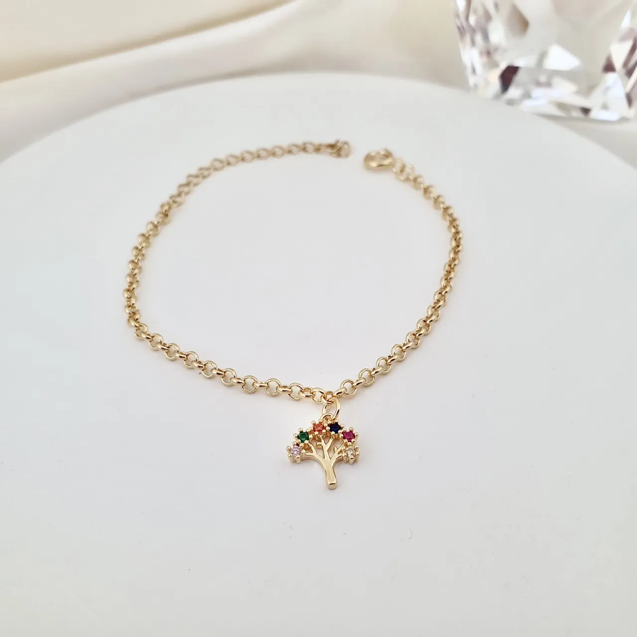Pulseira elo portugues e pingente árvore da vida