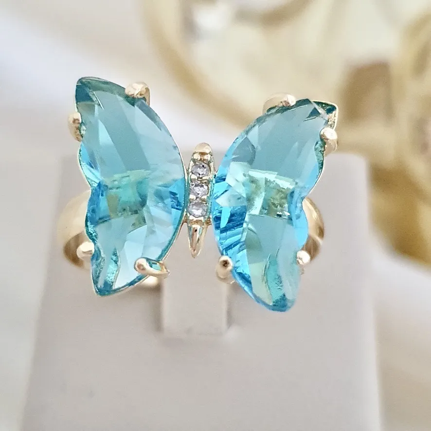 Anel borboleta zircônia azul