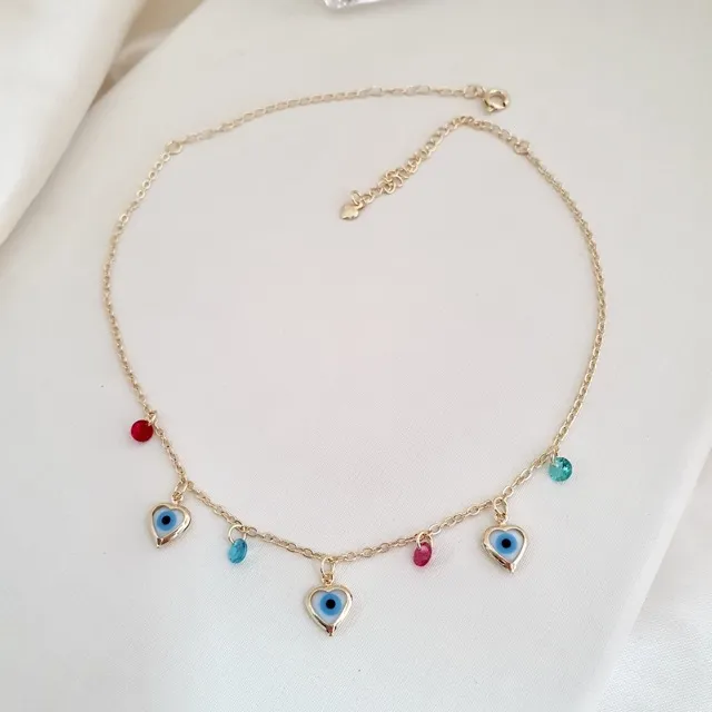Colar choker olho grego coração e cristais coloridos