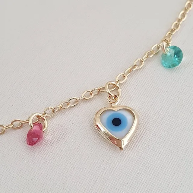 Colar choker olho grego coração e cristais coloridos