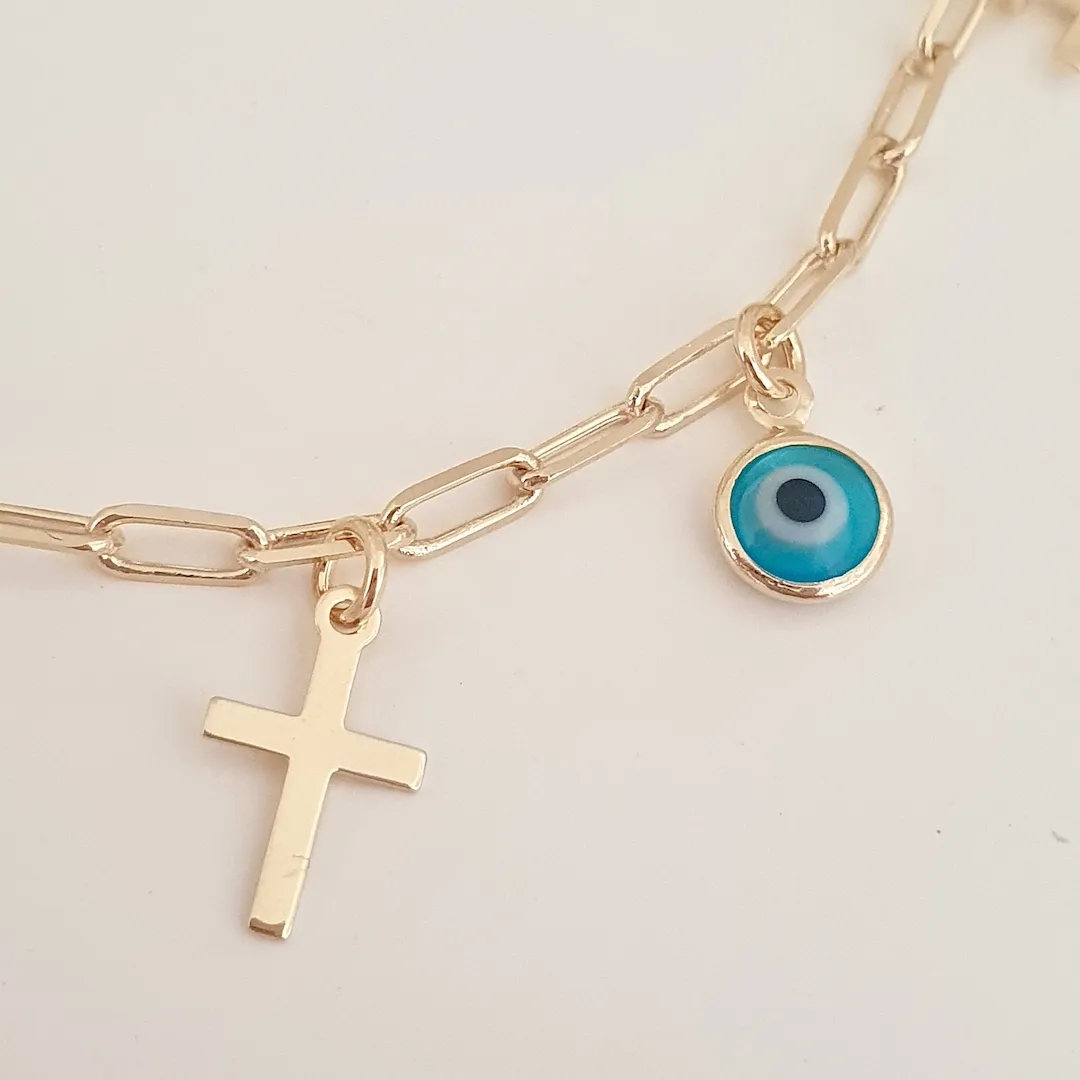 Pulseira cruz e olho grego