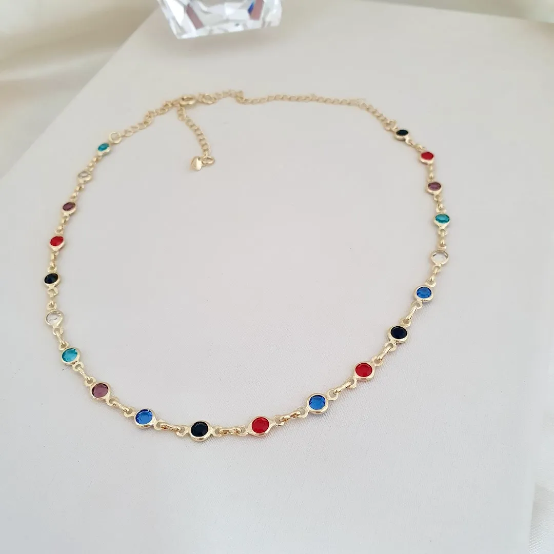 Colar Choker cristais redondos coloridos