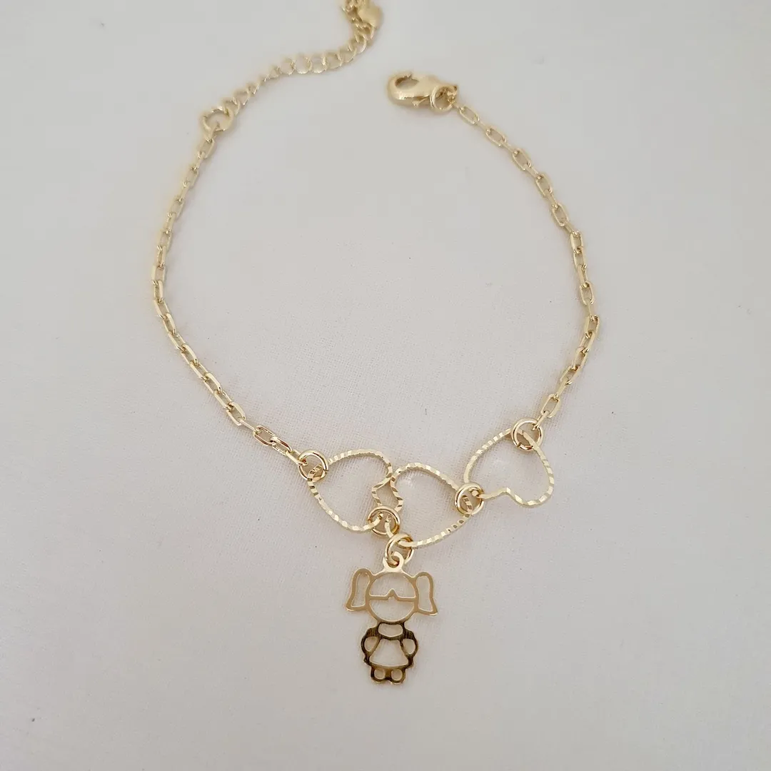 Pulseira filha 3 corações diamantados