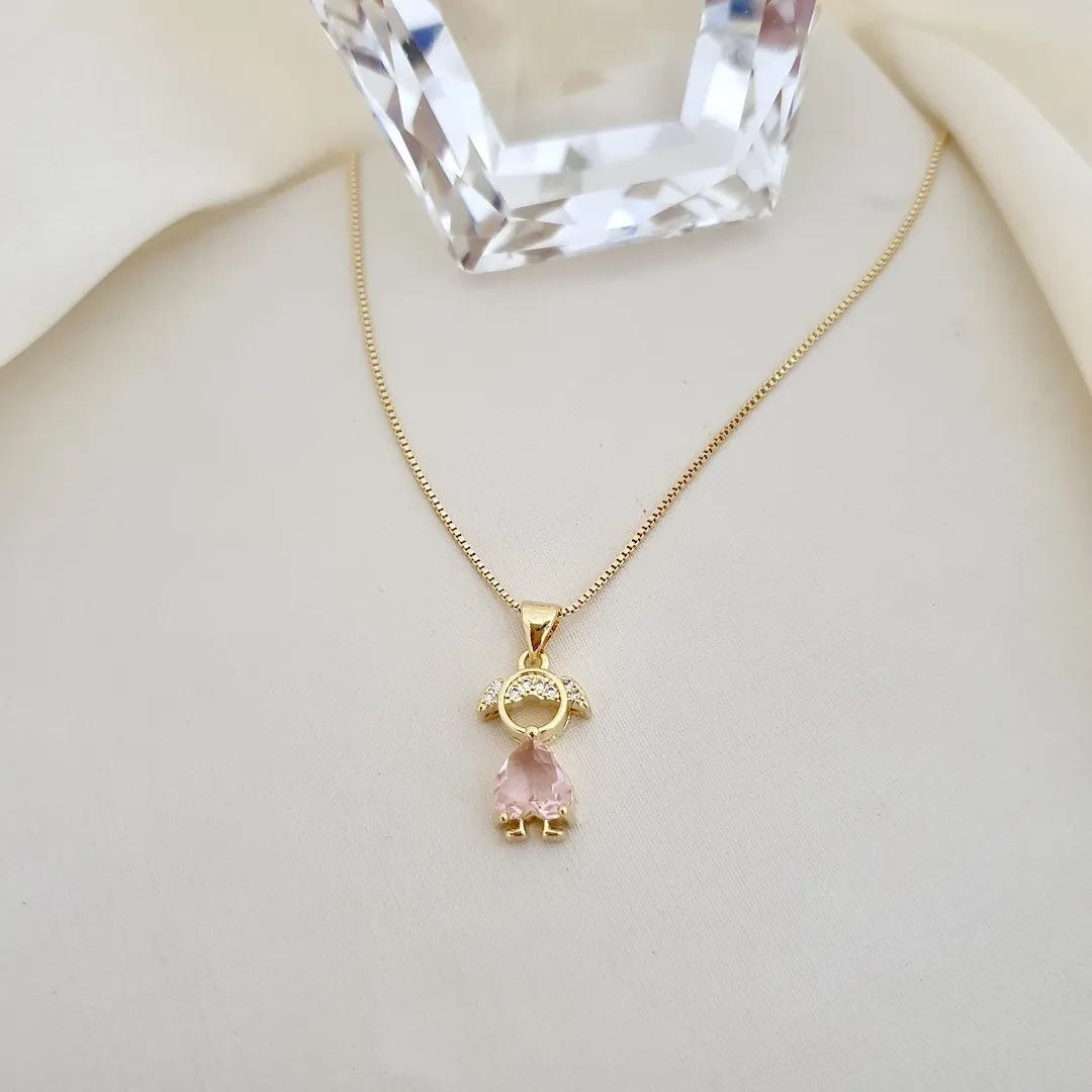 Colar com pingente menina zircônia rosa (filha)