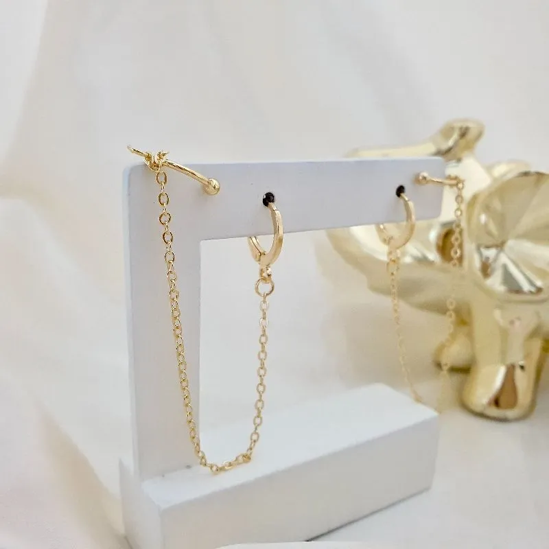 Brinco argola com corrente e piercing fake