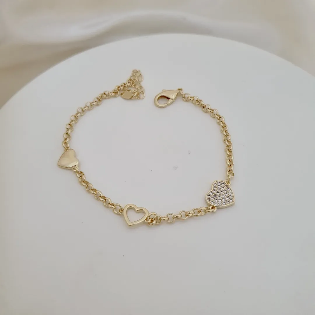 Pulseira corações (sólido, vazado e cravejado em zircônia)