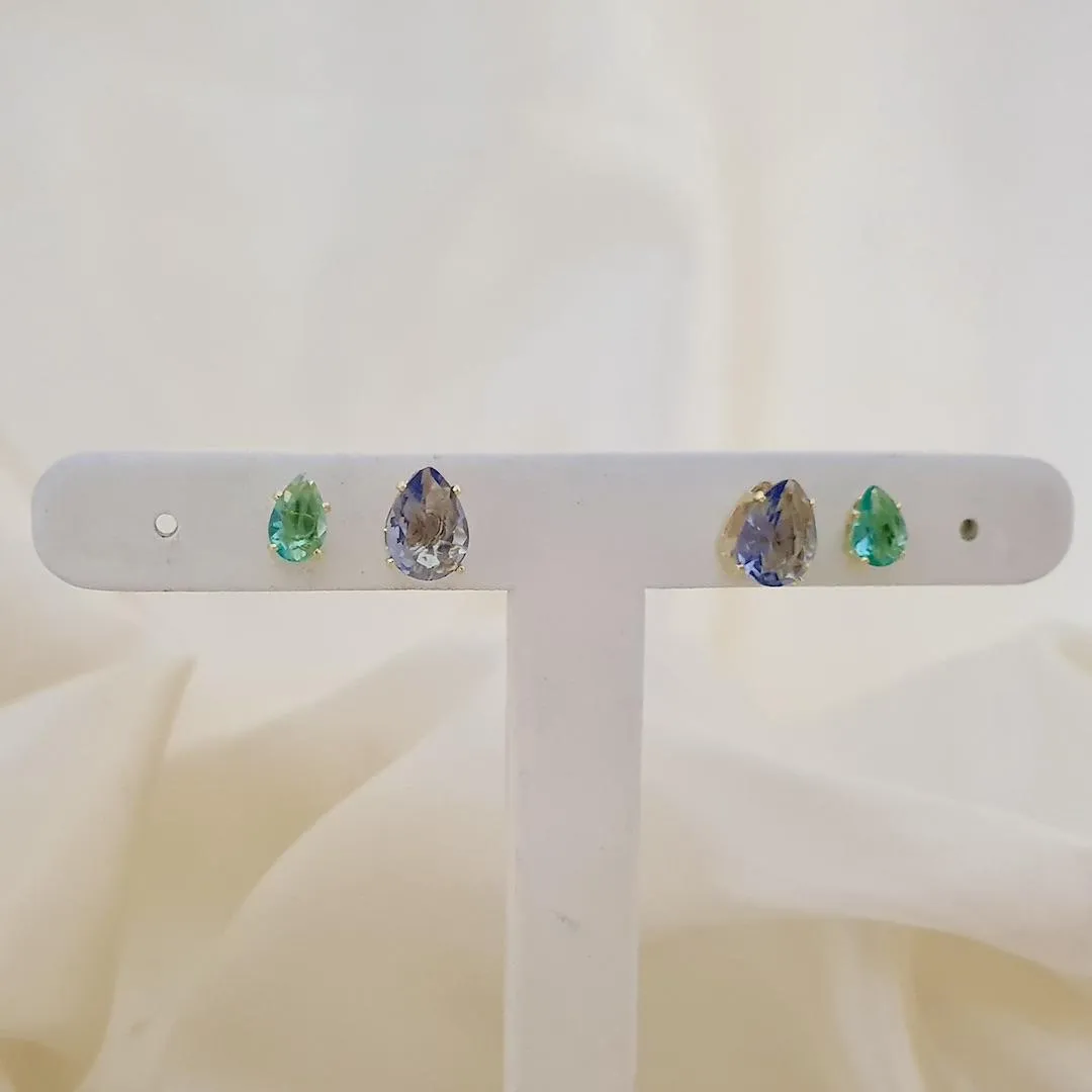 Brinco dupla zircônia gota lilás e verde