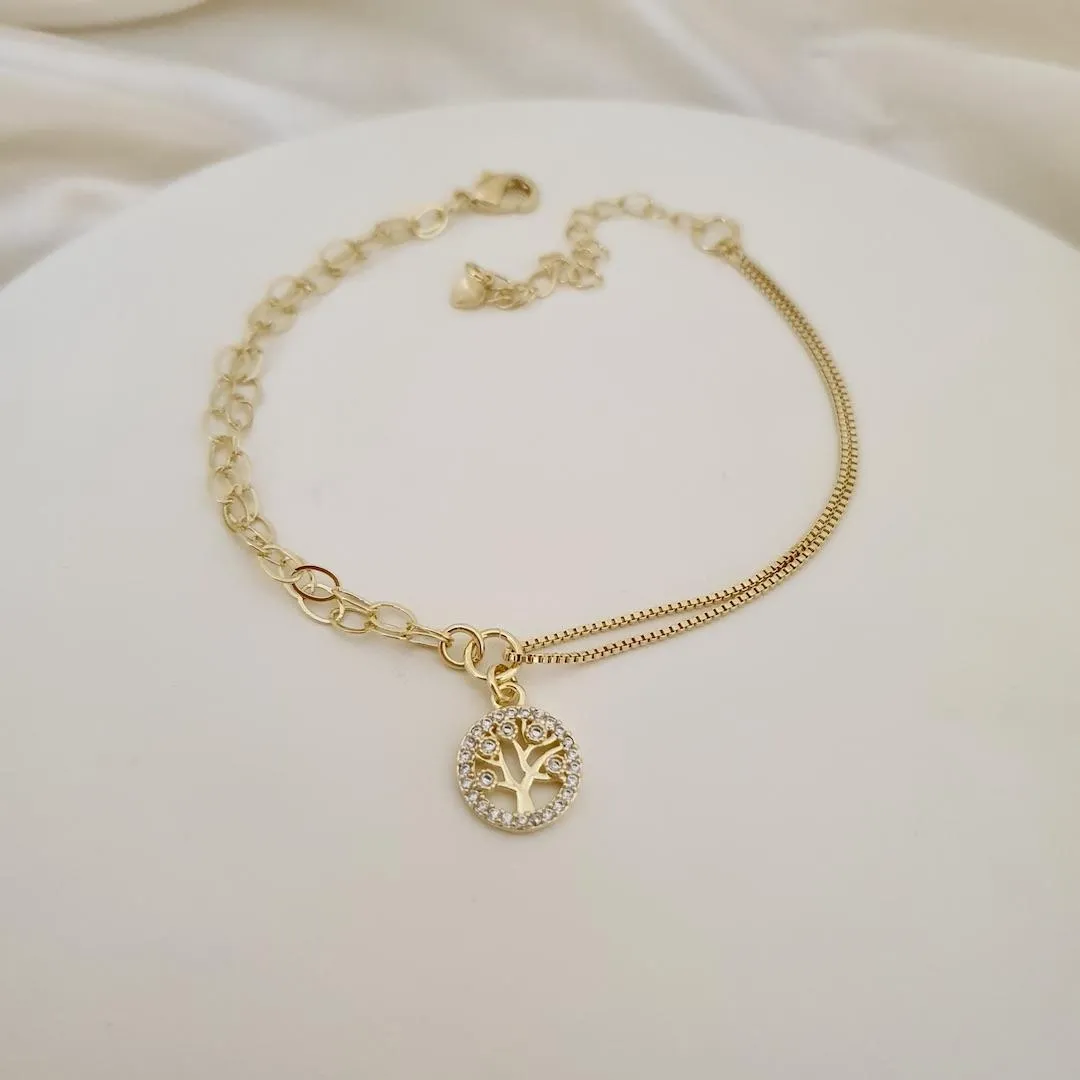Pulseira elo duplo veneziana e elo, com pingente de árvore da vida