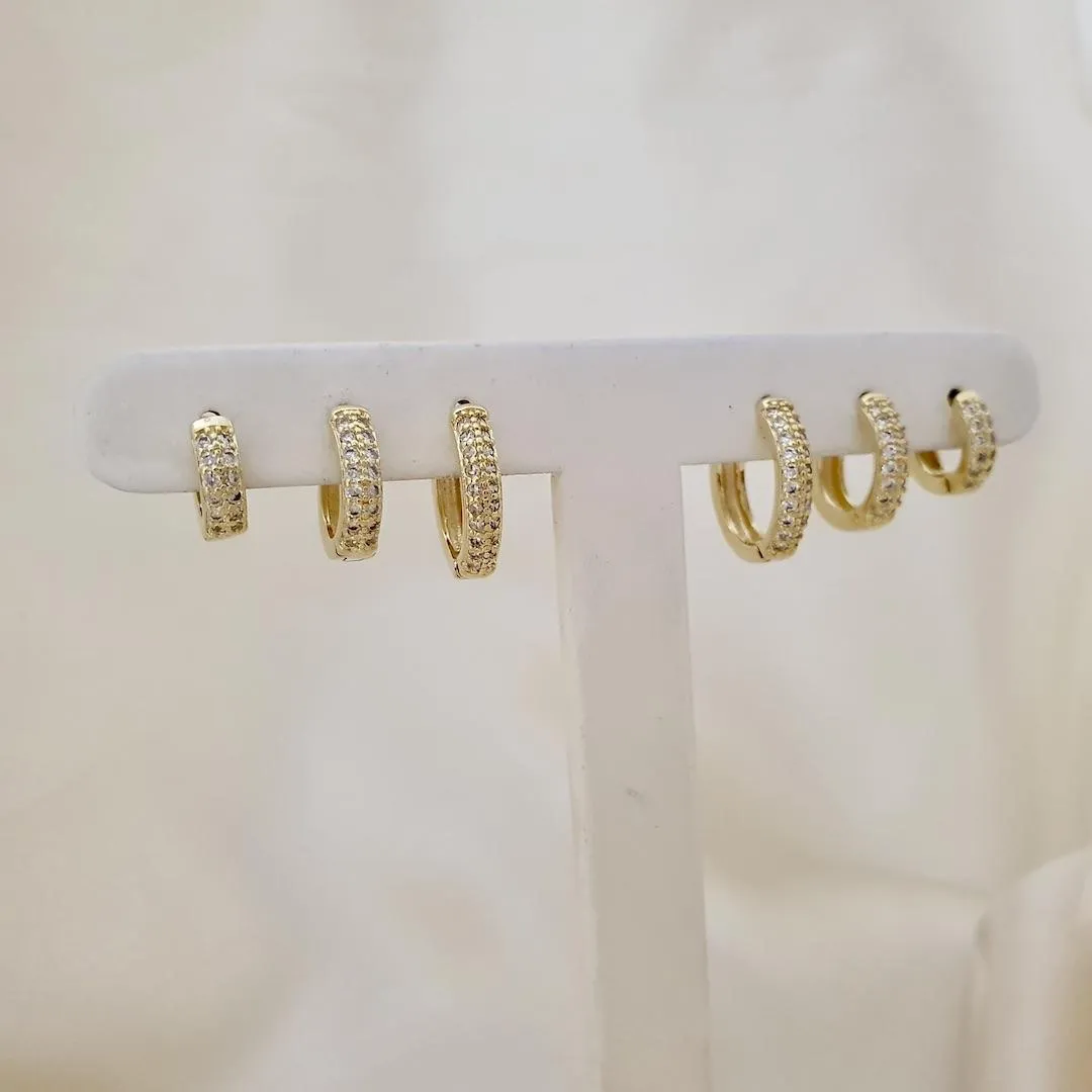 Brinco trio argola click 2 fileiras de zirconias