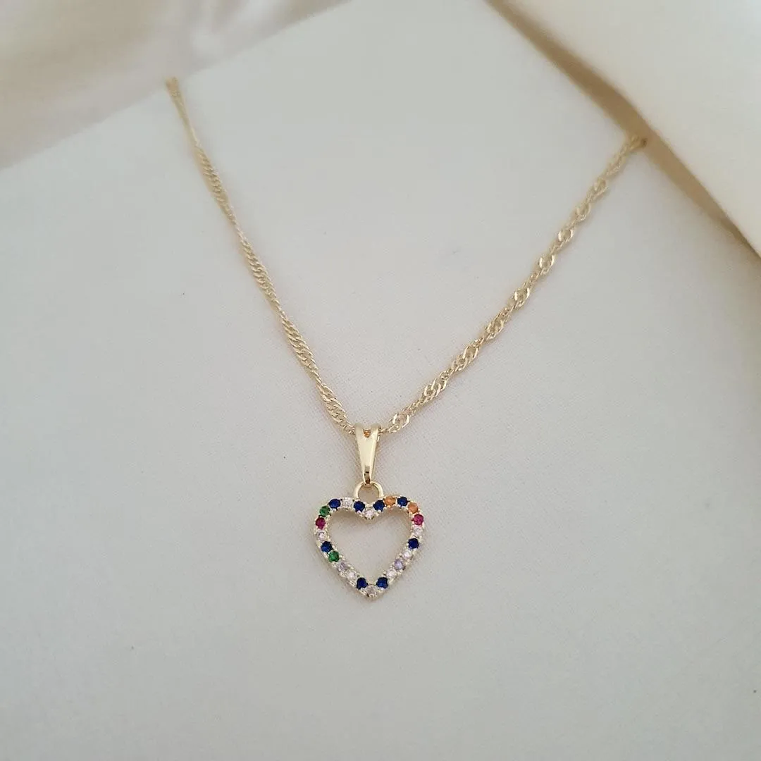 Colar pingente coracao cravejado zirconias coloridas