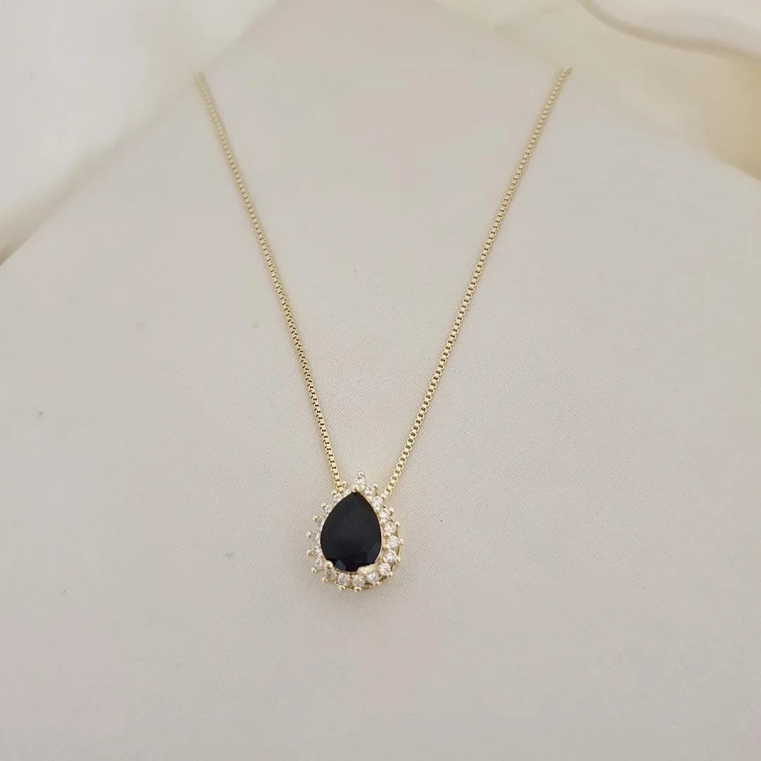 Colar pingente gota zirconia prata e contorno cravejado zirconias