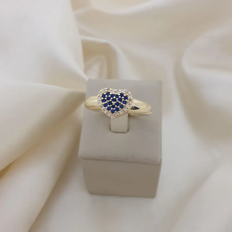 Anel coração zirconia azul, contorno zirconia cristal, aro largo