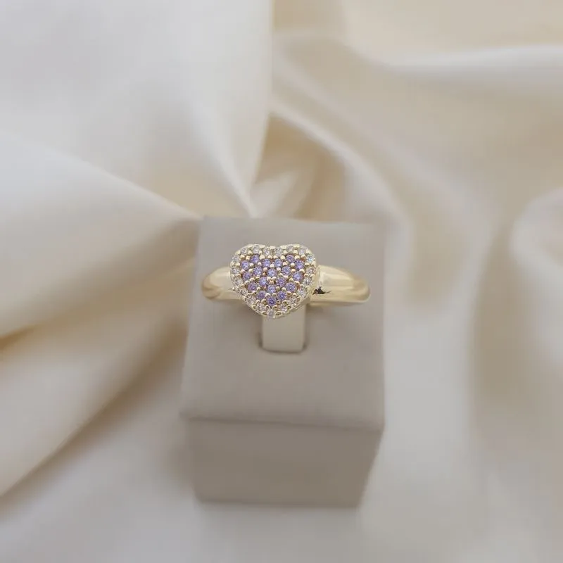 Anel coração zirconia lilas, contorno zirconia cristal, aro largo