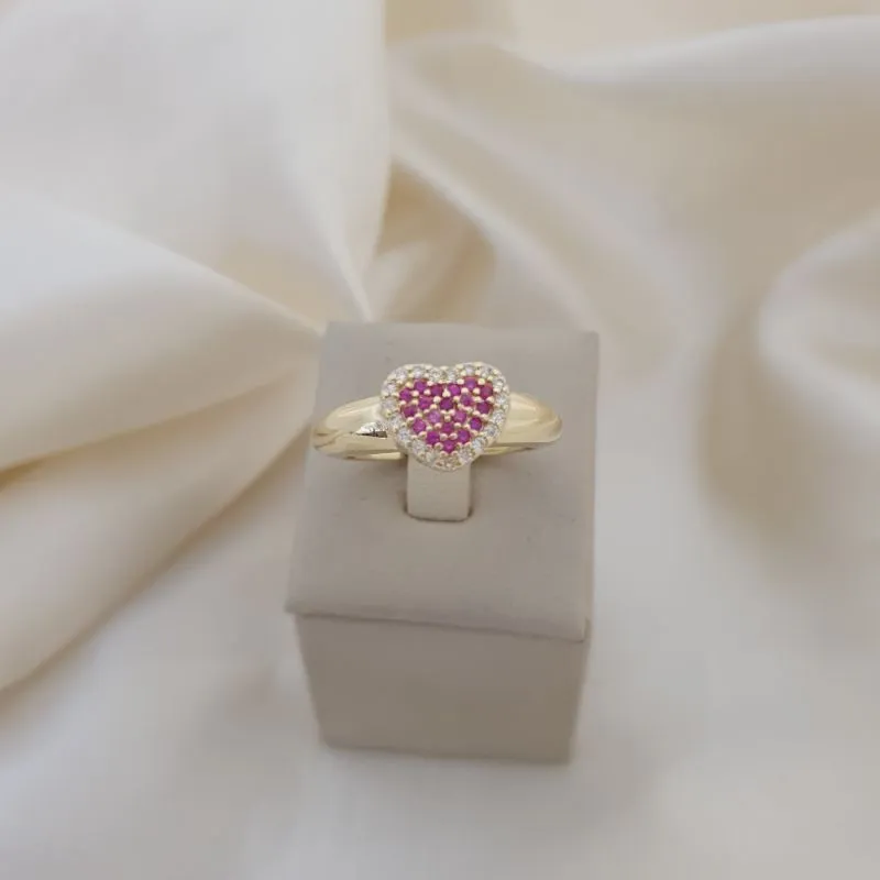 Anel coração zirconias rosa, contorno zirconia cristal, aro largo