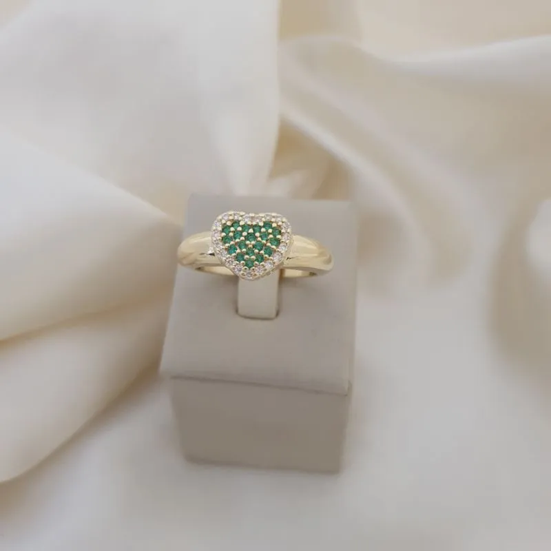 Anel coração zirconias verdes, contorno zirconia cristal, aro largo