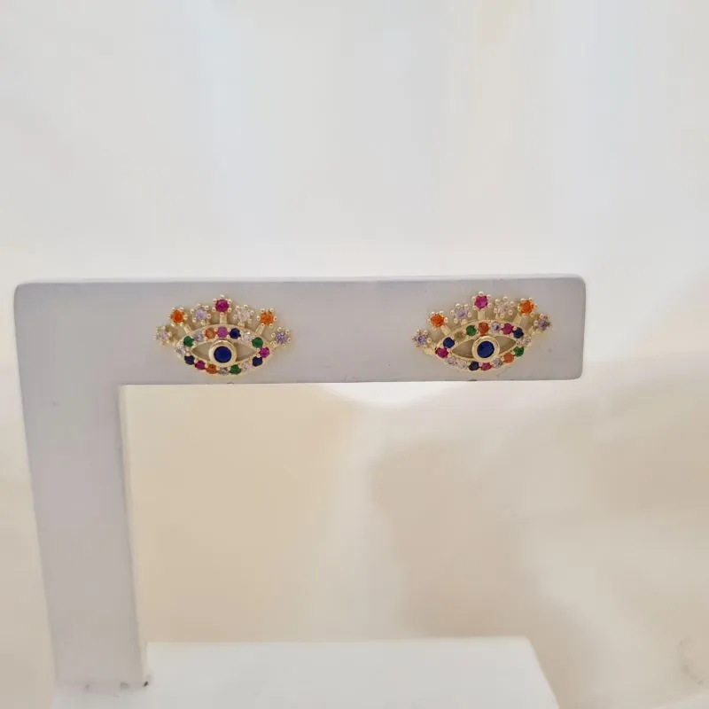 Brinco olho grego cravejado zirconias coloridas