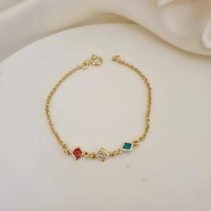 Pulseira infantil 3 zirconias coloridas quadradas, rosa, cristal e azul