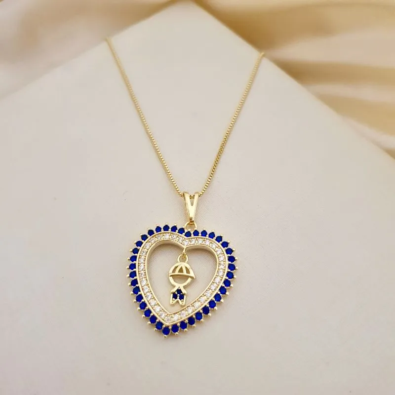 Colar pingente coraçao menino zirconia azul