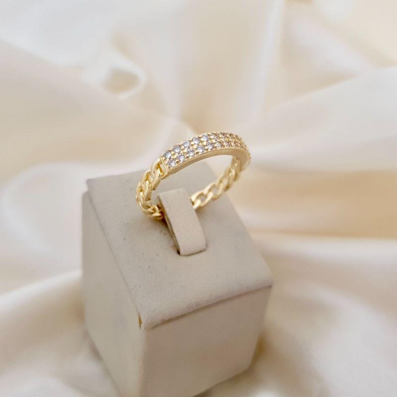 Anel aro elos corrente e 2 fileiras cravejadas zirconia