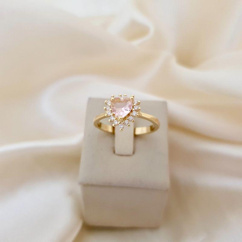 Anel coração zirconia rosa cravejado contorno