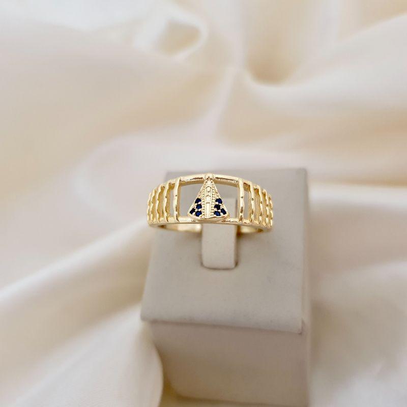 Anel Nossa Senhora zirconia azul detalhes