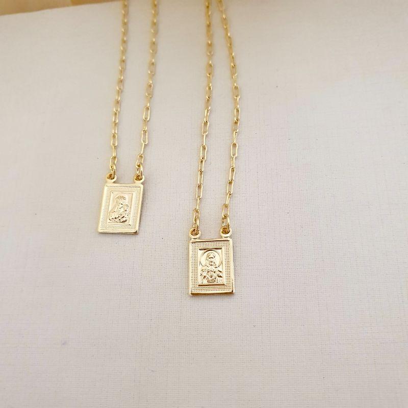 Colar escapulário placa detalhe fosco Jesus e Nossa Senhora 60cm