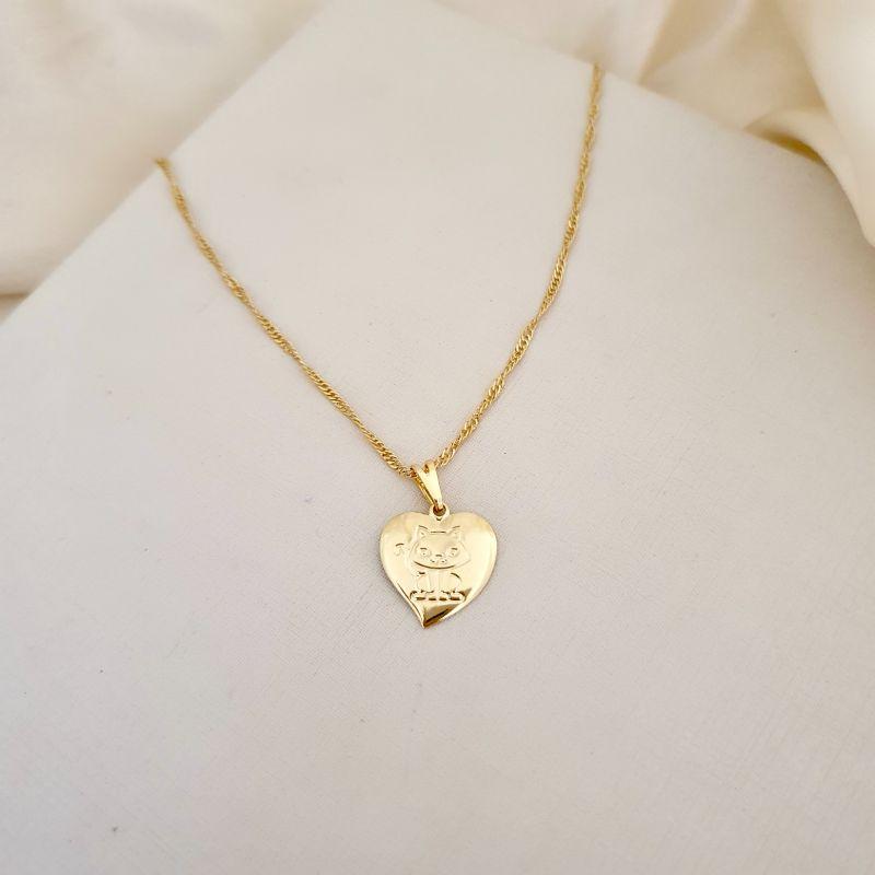 Colar pingente coração gato pet