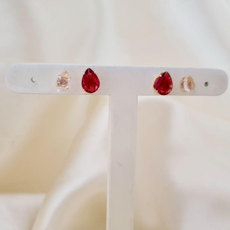 Brinco dupla zirconia gota rosa claro e rosa escuro