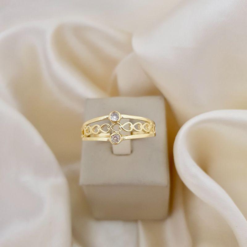 Anel 2 pontos de luz zirconia meio elo coracoes