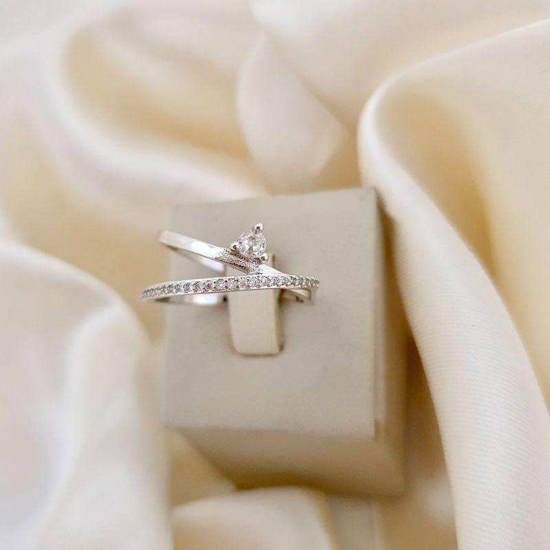 Anel ródio dois aros e ponto de luz zirconia