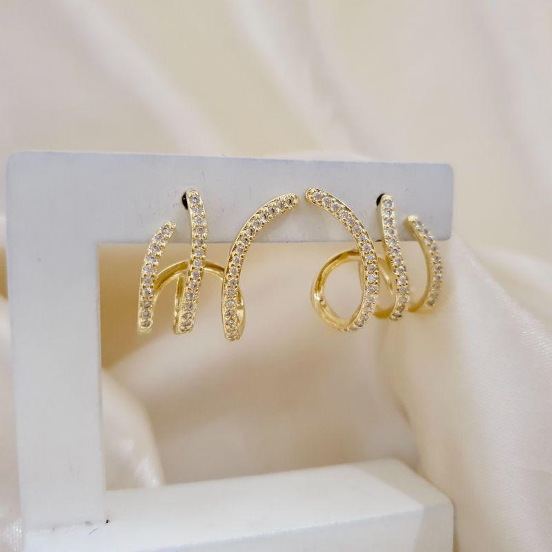 Brinco ear cuff 3 ganchos cravejados zirconia