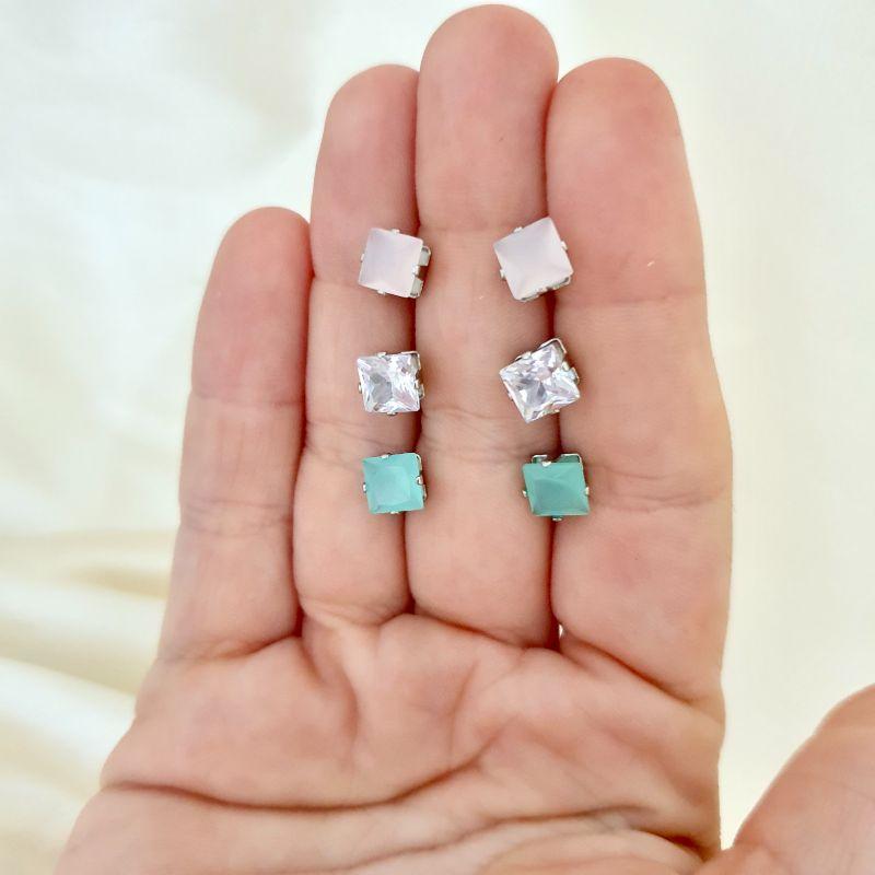 Brinco inox zirconia quadrada cores