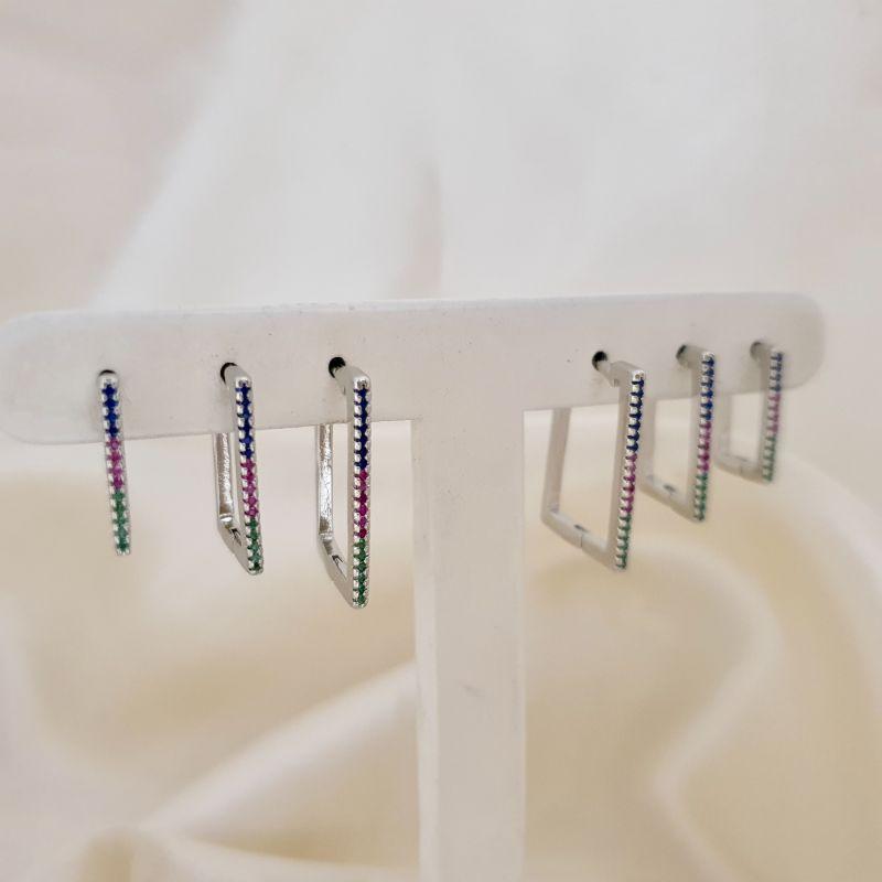 Brinco rodio trio argola click retangulo cravejado zirconia