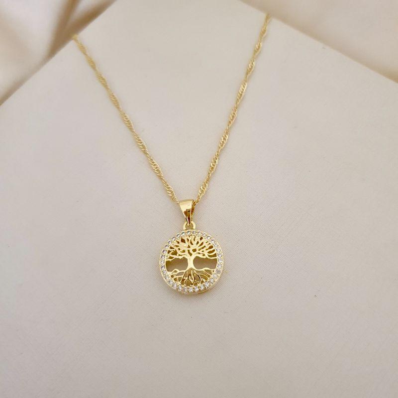 Colar com pingente árvore da vida contorno cravejado zirconia