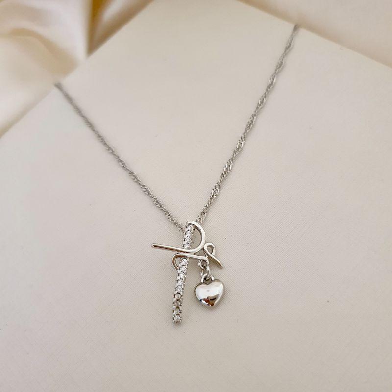 Colar ródio pingente fé cravejado zirconia e pingente coracao