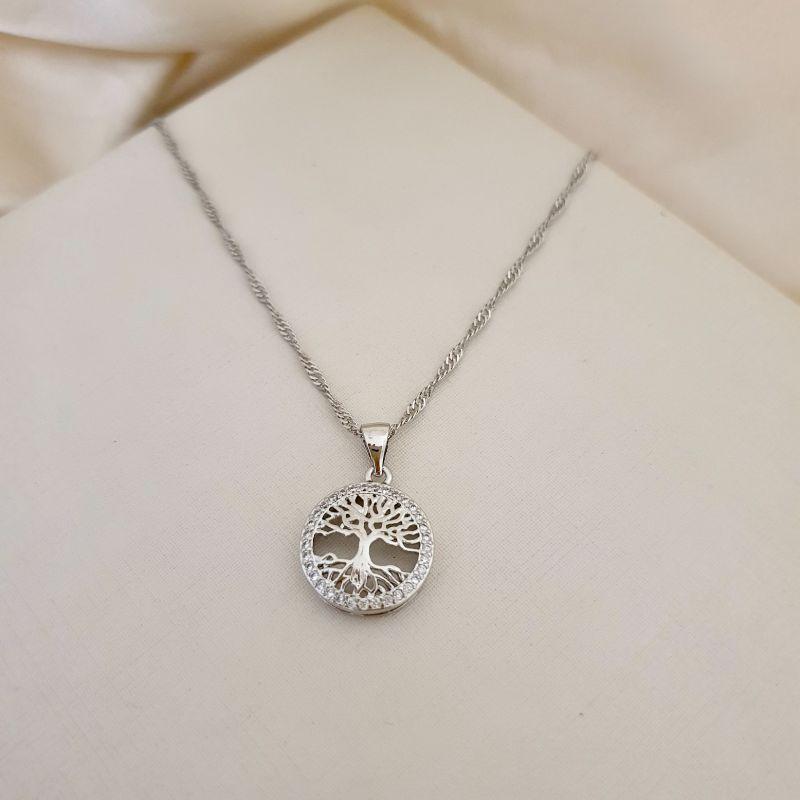Colar ródio com pingente árvore da vida contorno cravejado zirconia