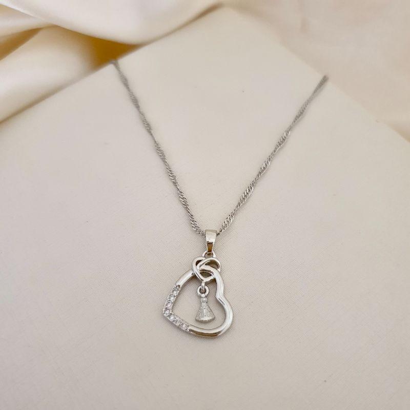 Colar ródio pingente coração e Nossa Senhora