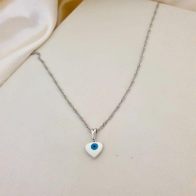 Colar ródio pingente coração olho grego