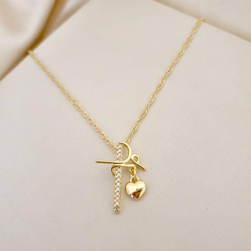 Colar ródio pingente fé cravejado zirconia e pingente coracao